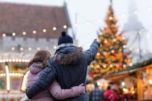 Couple hugging at holiday village